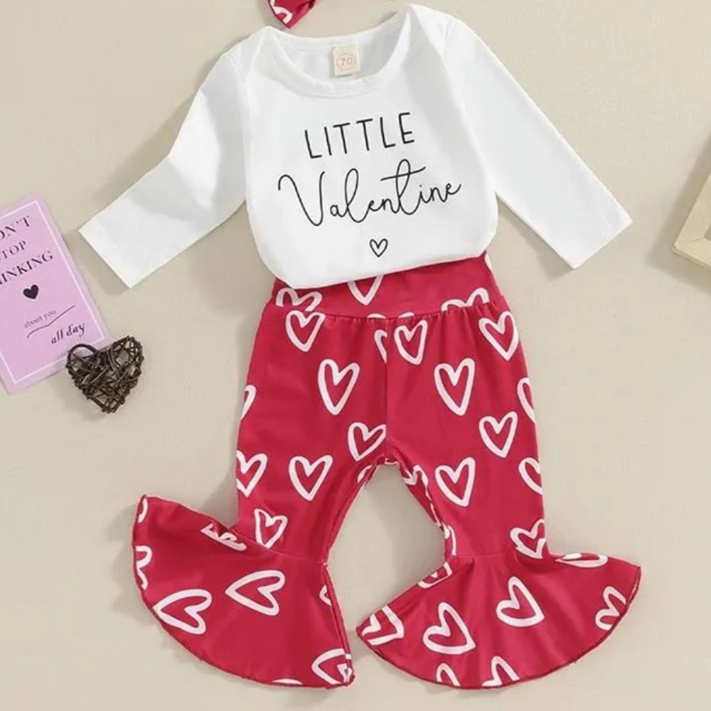 Little Valentine Long Sleeve Onesie and Heart Flare Set Pants 3-6 month